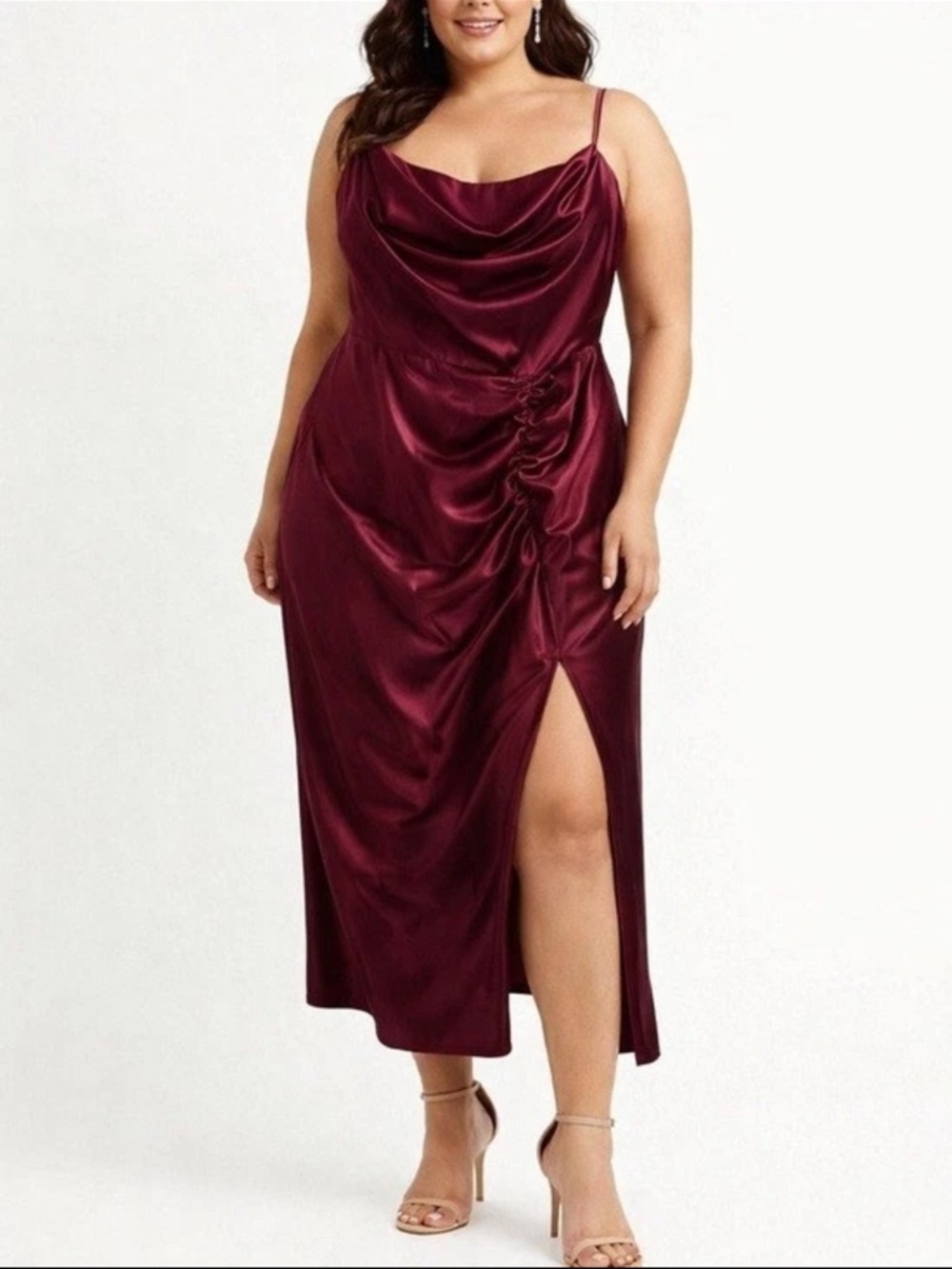 David's Bridal DB Studio Burgundy Satin Cowl Slit Maxi Dress Size 12 Prom